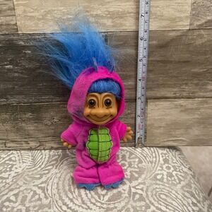 Vintage Troll Doll Blue Hair Pink Dinosaur Costume 4 Inch Collectible Toy
